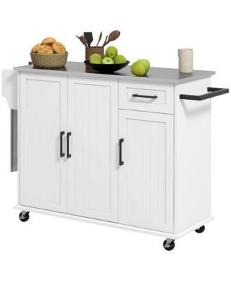 White Rolling Kitchen Island: Stainless Top, 3 Cabinets