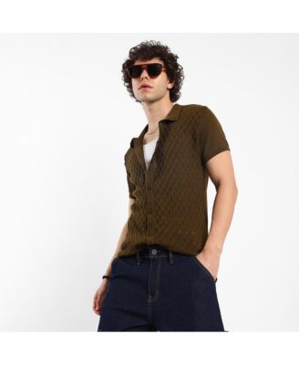 Men's Mocha Brown Harlequin-Textured Knit Shirt