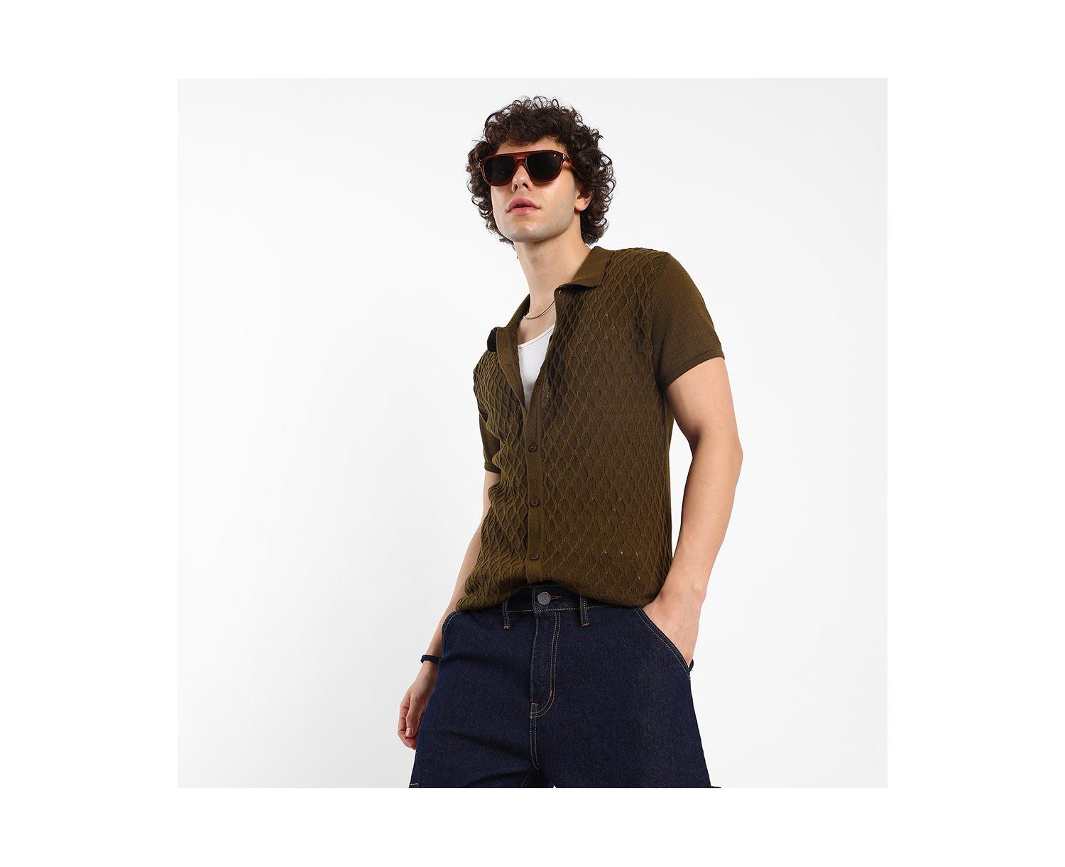 Men's Harlequin-Textured Knit Shirt