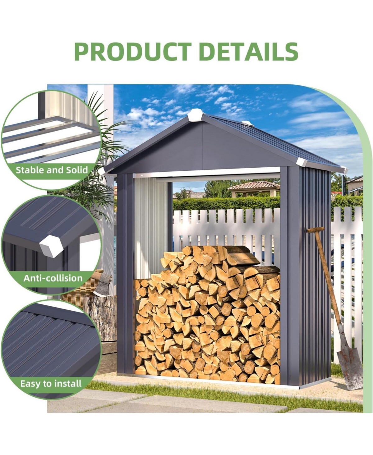 Aecojoy 5x2 Outdoor Storage Shed, Firewood Rack Waterproof Metal Tool Sheds