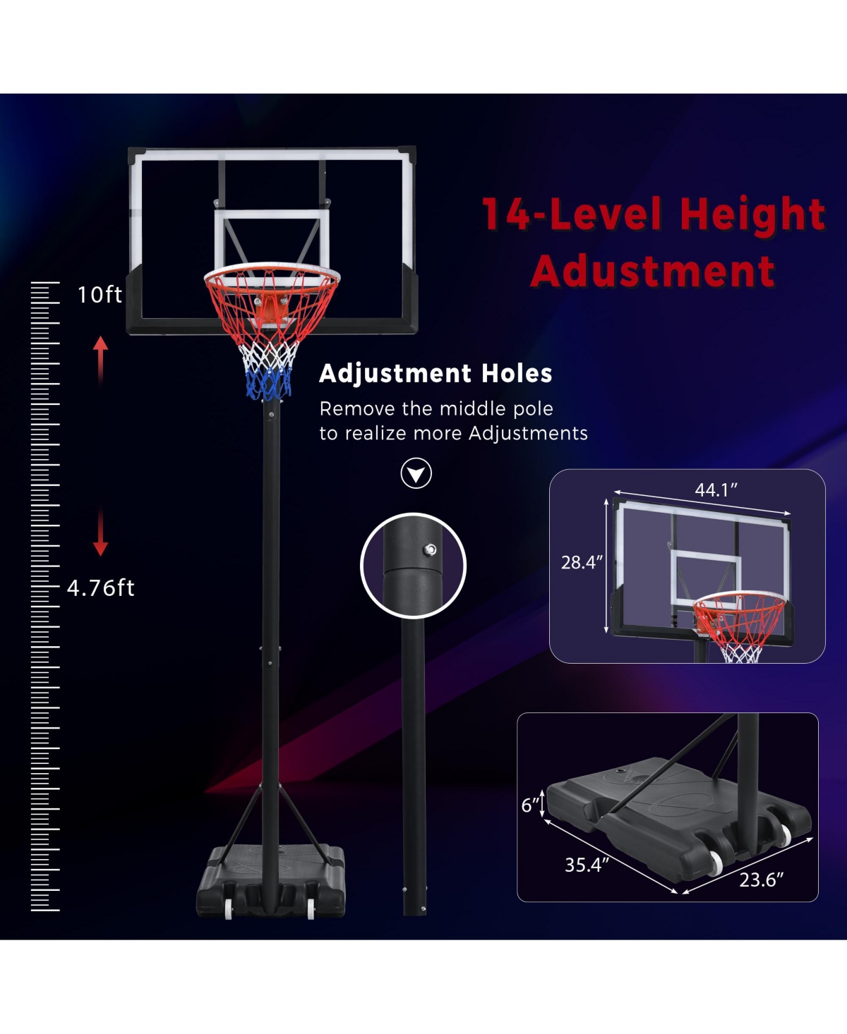 10ft Adjustable Portable Basketball Hoop with Led Lights and Heavy Duty Base