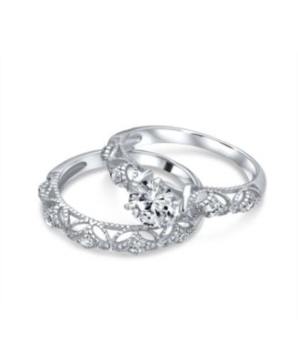 1CT Round CZ Solitaire & Filigree Band Promise  Ring Set in Sterling Silver