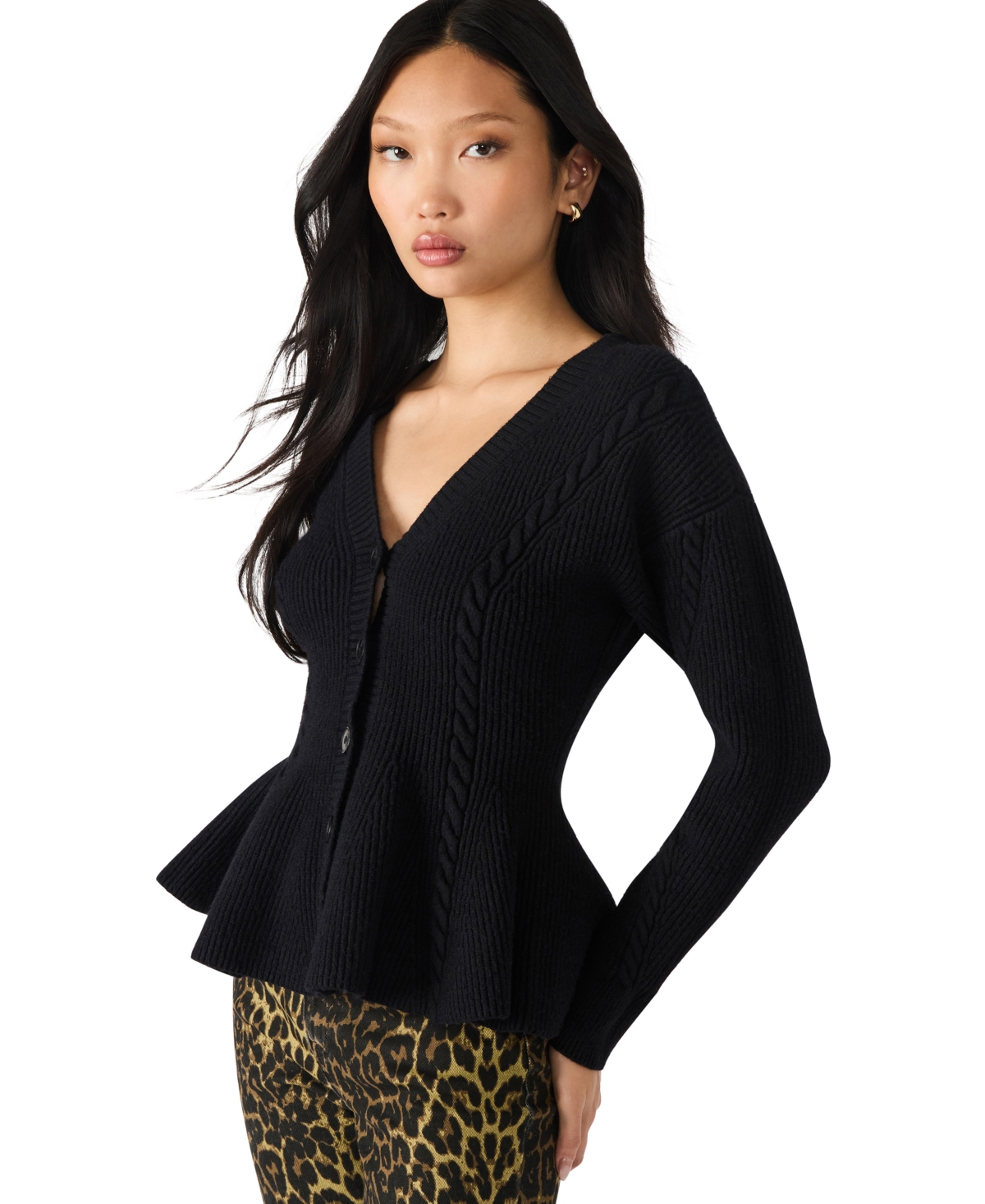 Steve Madden Courtney Rib Peplum Cardigan In Black