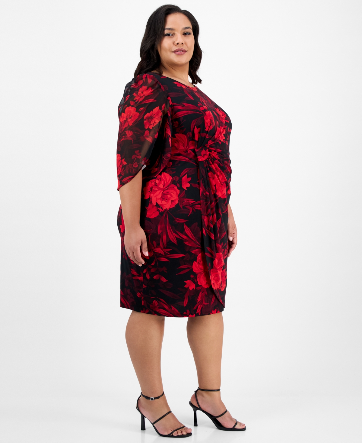 Connected Plus Printed Cape-Sleeve Sheath Dress