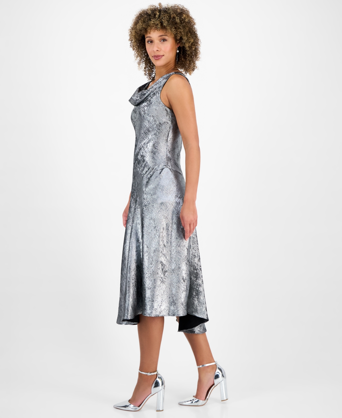 Robbie Bee Petite Foil Asymmetric-Hem Cowl Neck Midi Dress