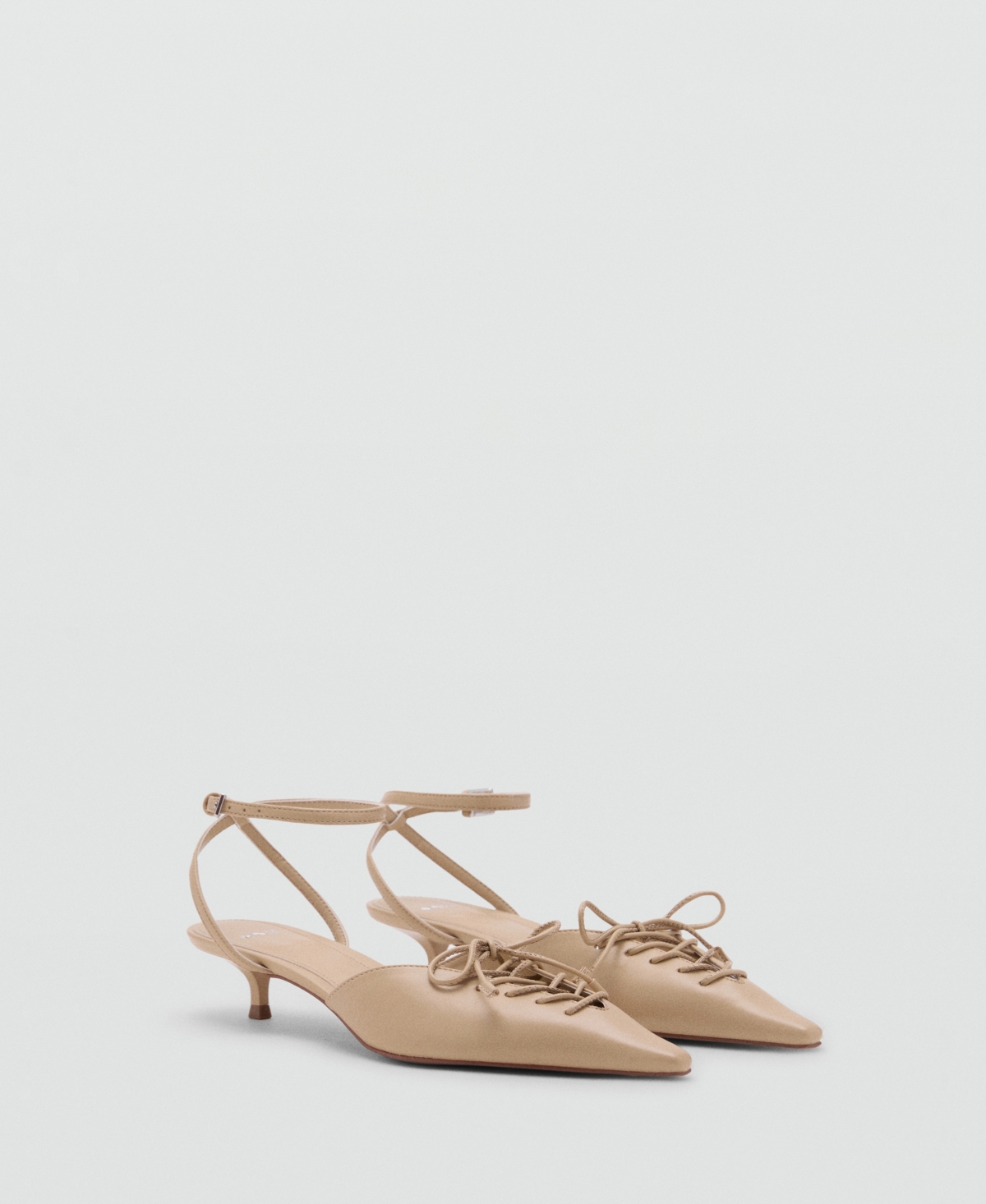 Mango Strappy Pointed Kitten Heels With Lace Up Front In Brown