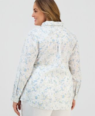 Plus Size 100% Linen Floral Button-Front Shirt, Macy's Exclusive