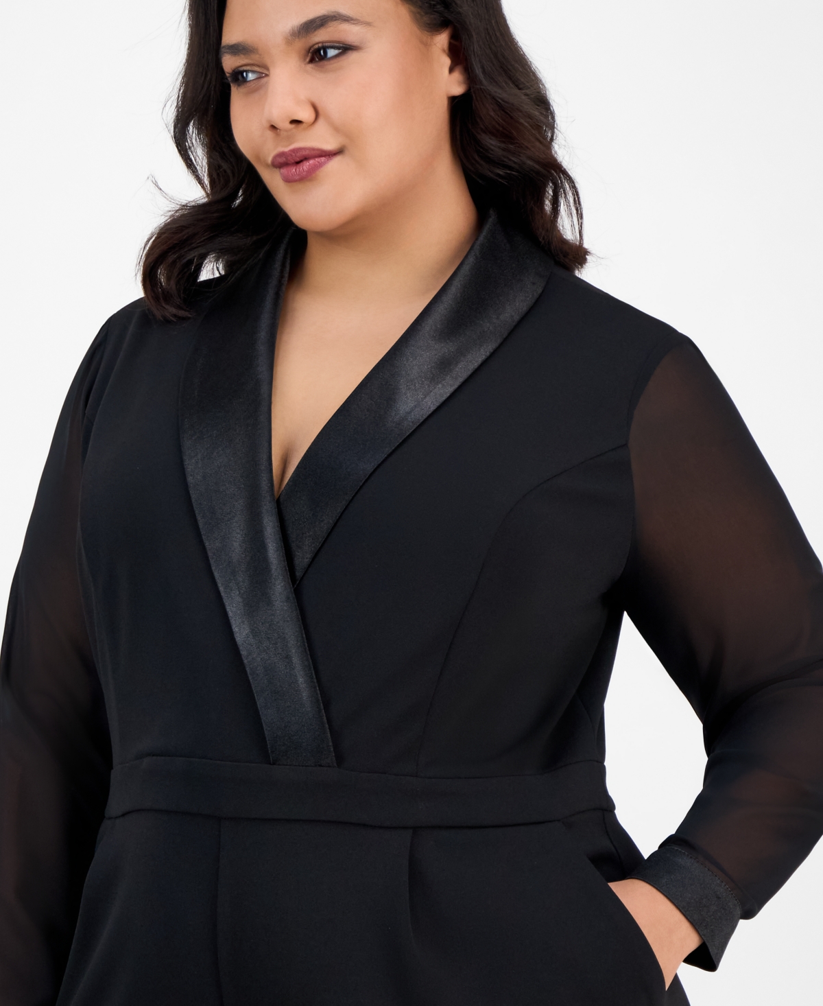 London Times Plus Size Tuxedo Jumpsuit In Blue