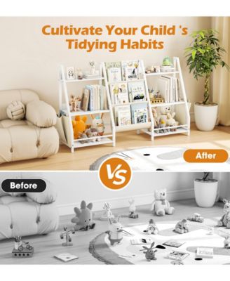 2-in-1 Kids Bookshelf and Toy Storage Organizer with Fabric Bins