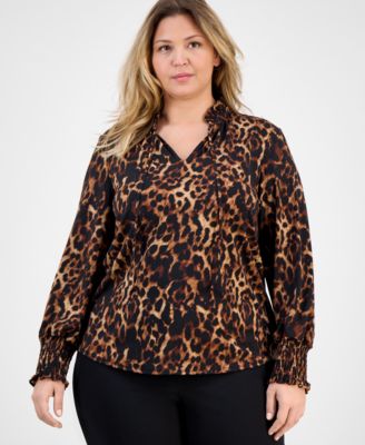 Anne Klein - Plus Size Printed-Chiffon Smocked-Cuff Blouse