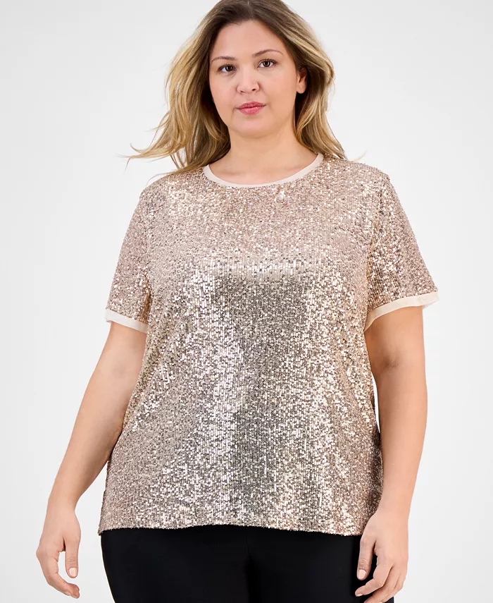 Plus Size Sequin Short-Sleeve Crewneck Tee