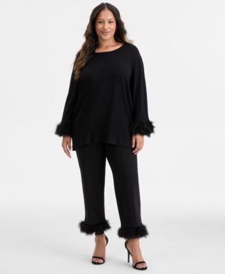 Plus Size Feather-Cuff Sweater & Pull-On Pants