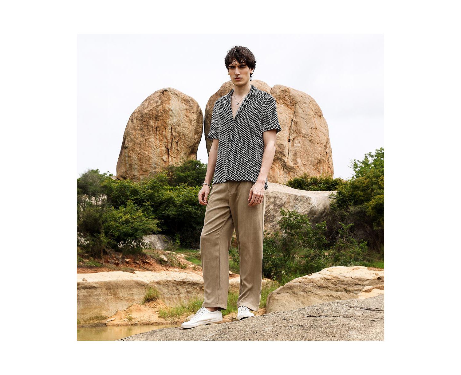 Men's Contrast Rhombus Oversized Shirt