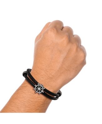 Mens Nautical Wheel Black Braided Leather Bracelet