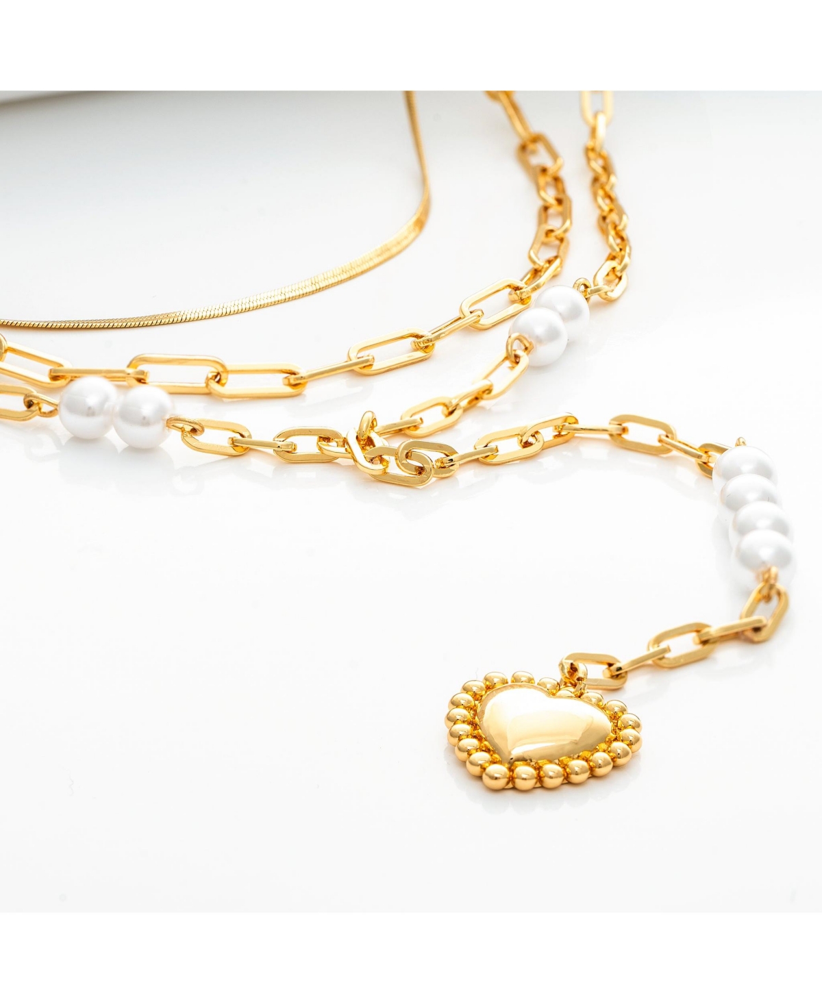 Layered Necklace Set with Pearl & Heart Drop Accents