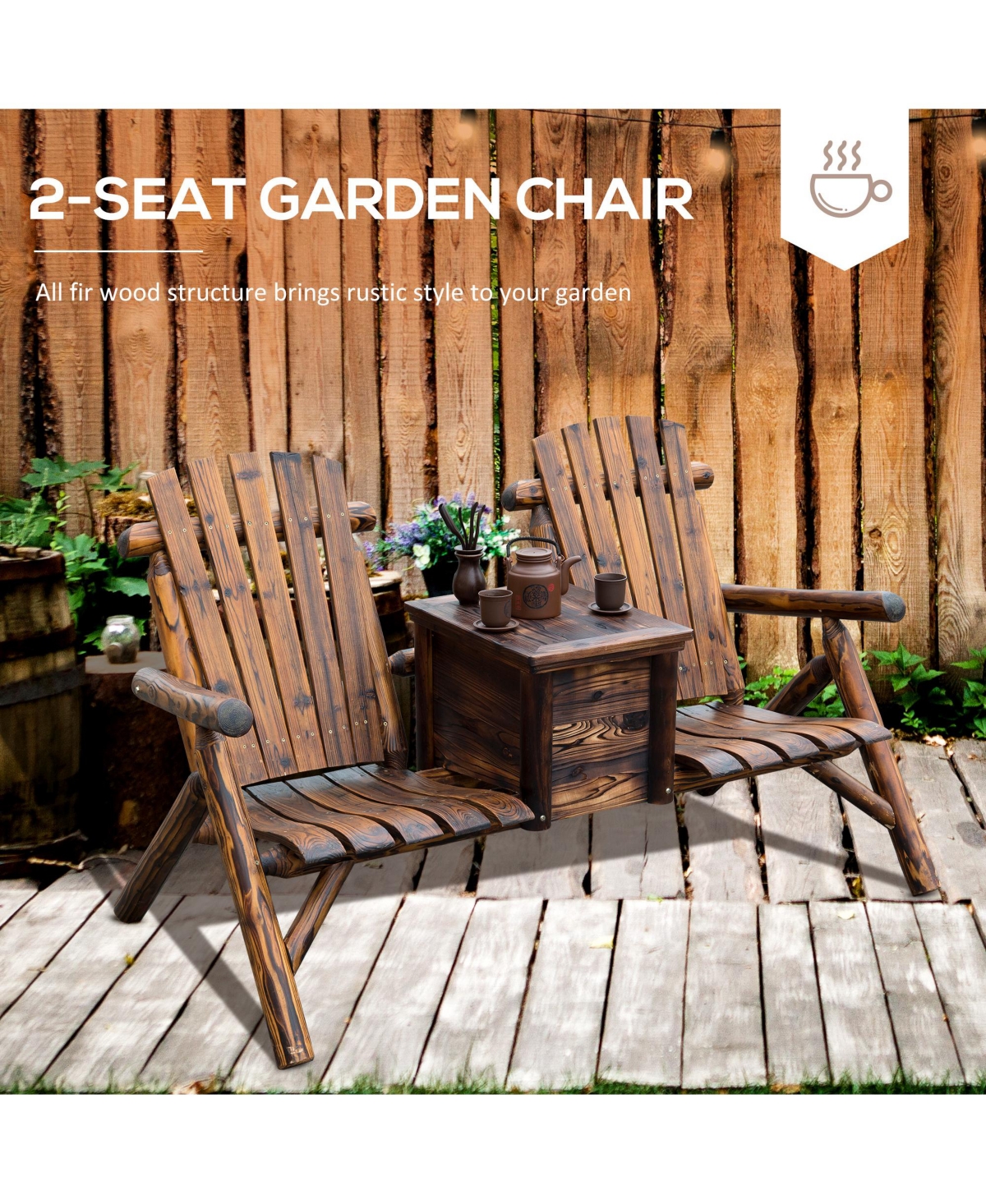 Outsunny Double Adirondack Chair Loveseat w/ Table & Ice Bucket, Varnished Wood