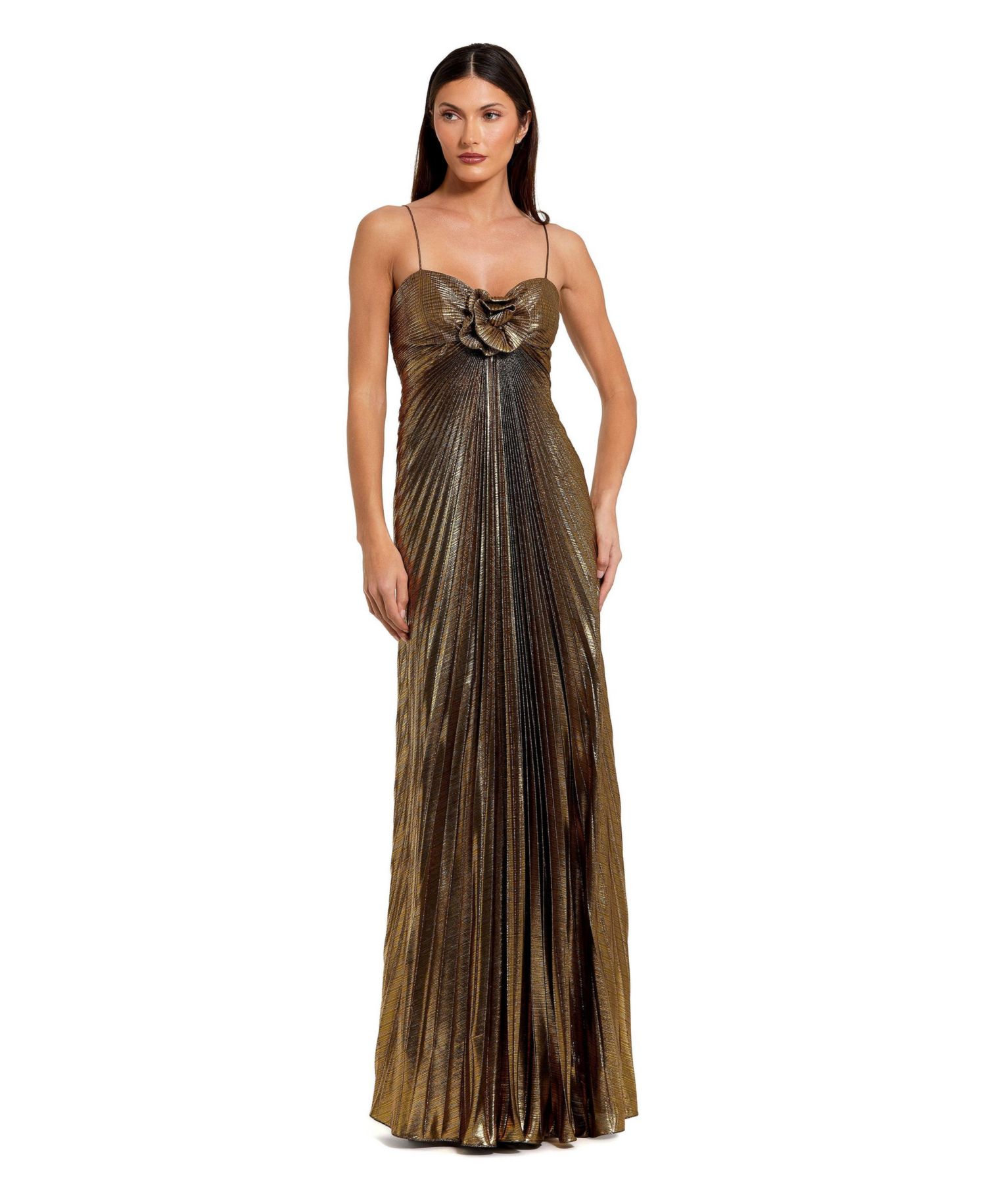 Women's Thin Strap Pleated Metallic Gown With 3D Flower