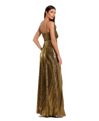 Women's Thin Strap Pleated Metallic Gown With 3D Flower