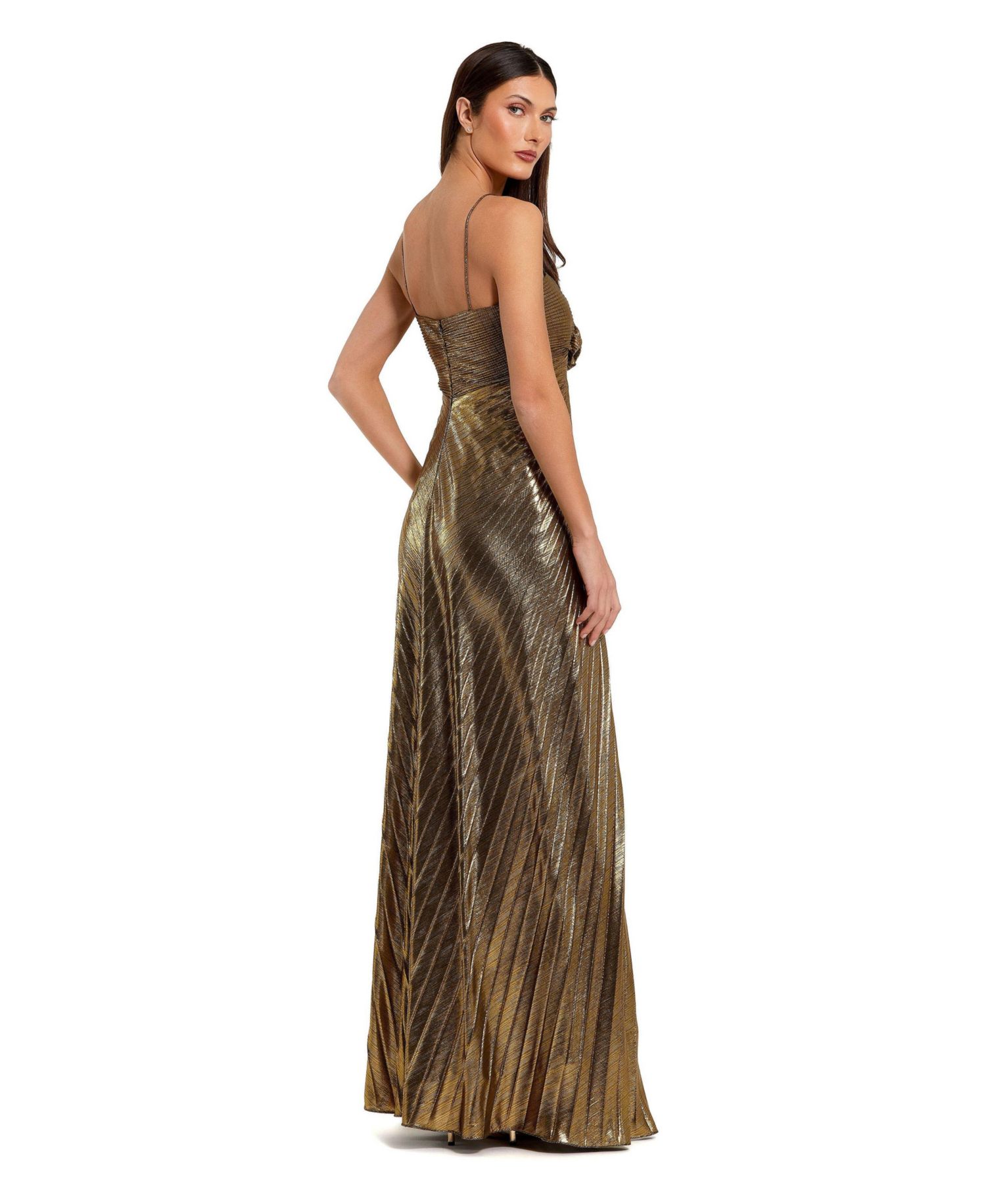 Women's Thin Strap Pleated Metallic Gown With 3D Flower