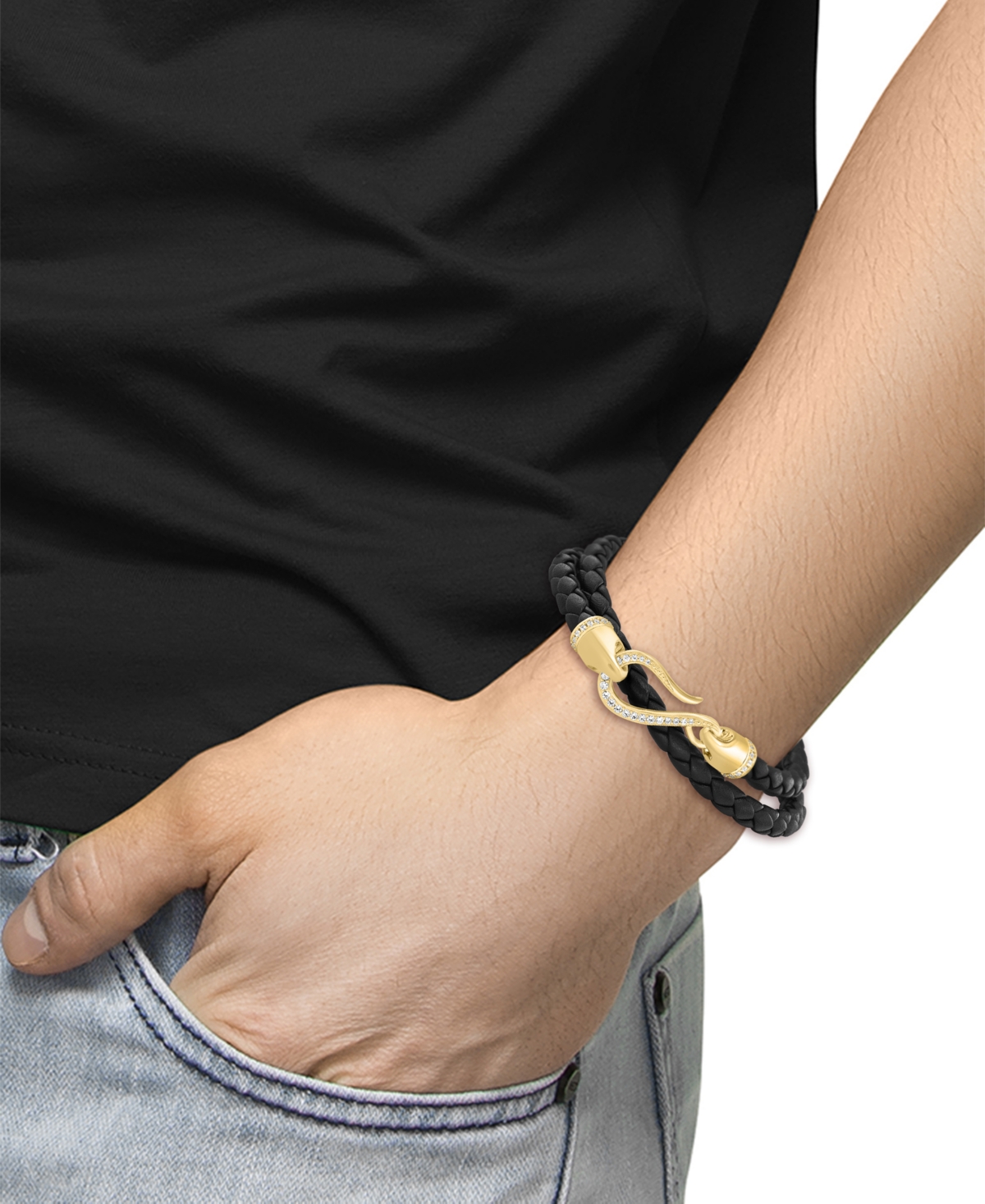 Effy Collection White Zircon Black Leather Bracelet (3/4 Ct. T.w.) In Gold Plated Silver In Black