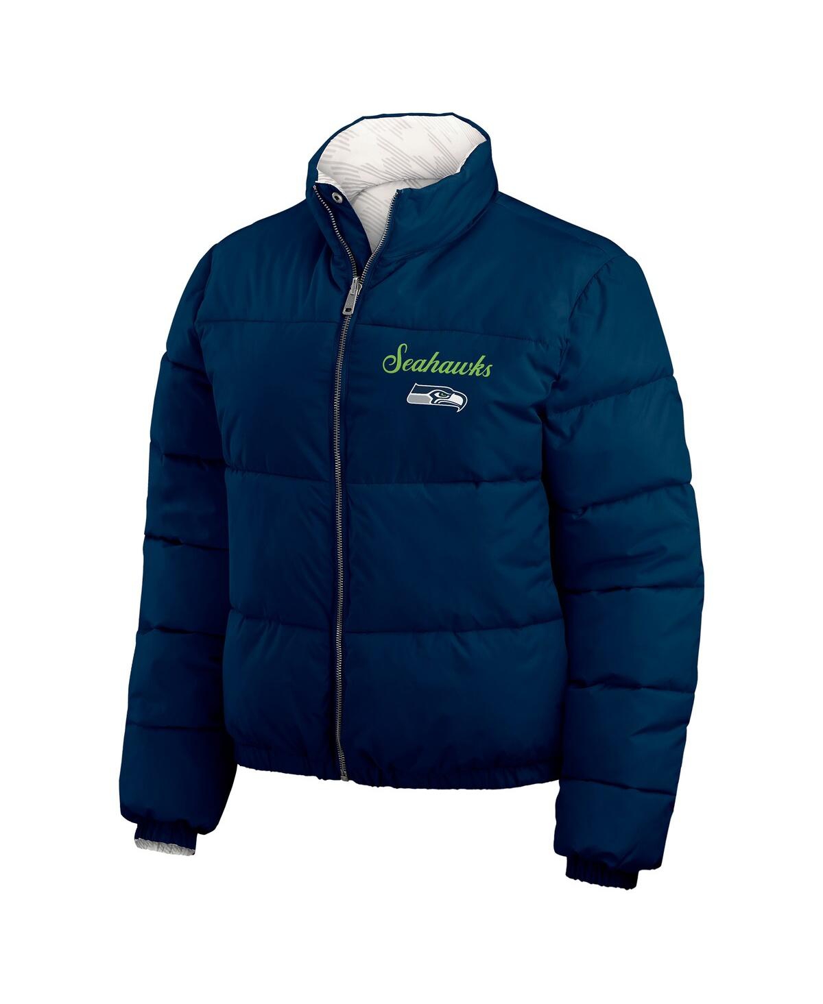 Wear by Erin Andrews Women's College Navy/White Seattle Seahawks Reversible Cropped Full-Zip Puffer Jacket
