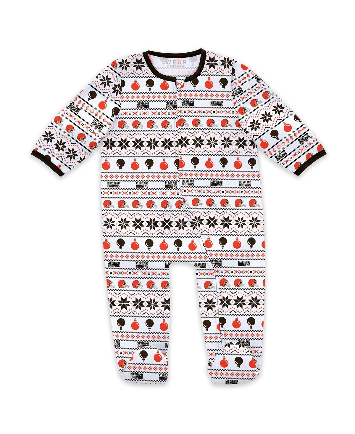 Wear By Erin Andrews Baby Boys And Girls Cleveland Browns Allover Print Full-zip Sleeper Bib Set In White