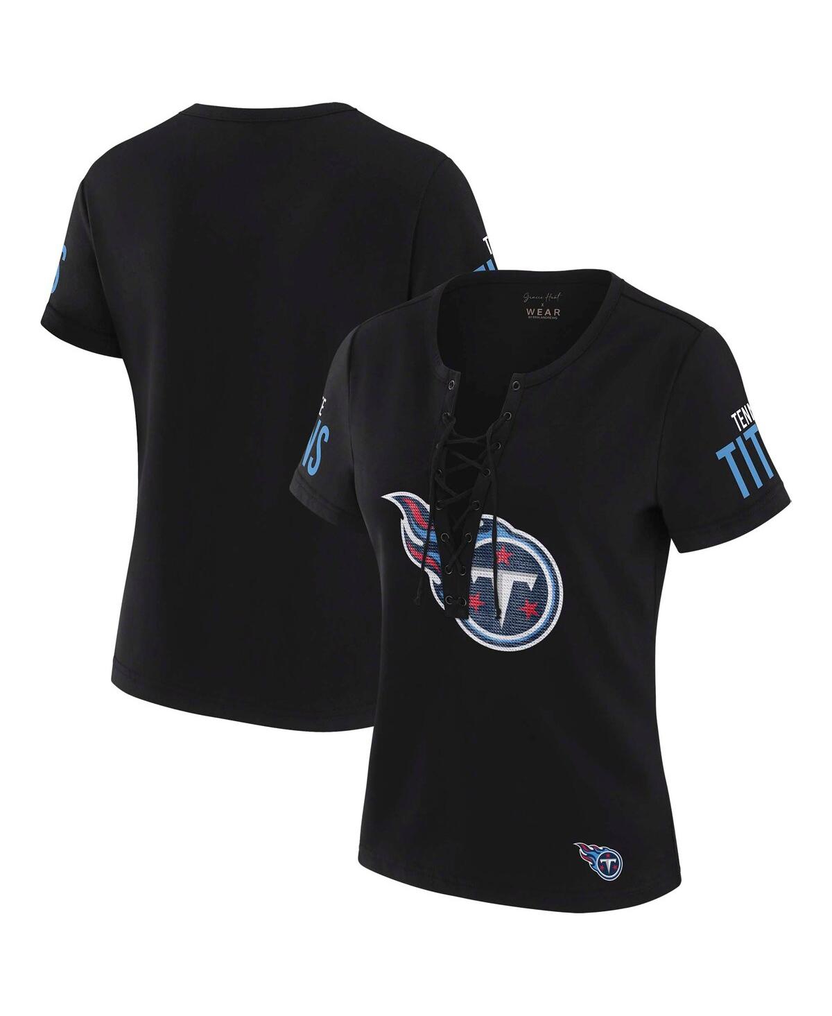 Wear by Erin Andrews Women's x Gracie Hunt Black Tennessee Titans Draft Me Lace-Up T-Shirt
