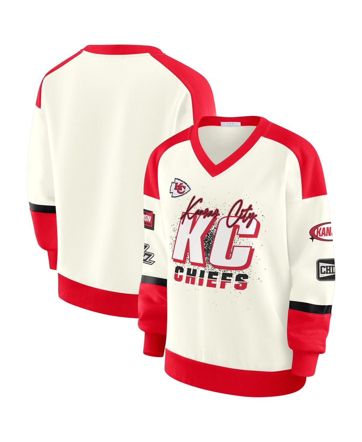 Wear By Erin Andrews Women's Cream Kansas City Chiefs Racing Crew V-neck Sweatshirt In Multi