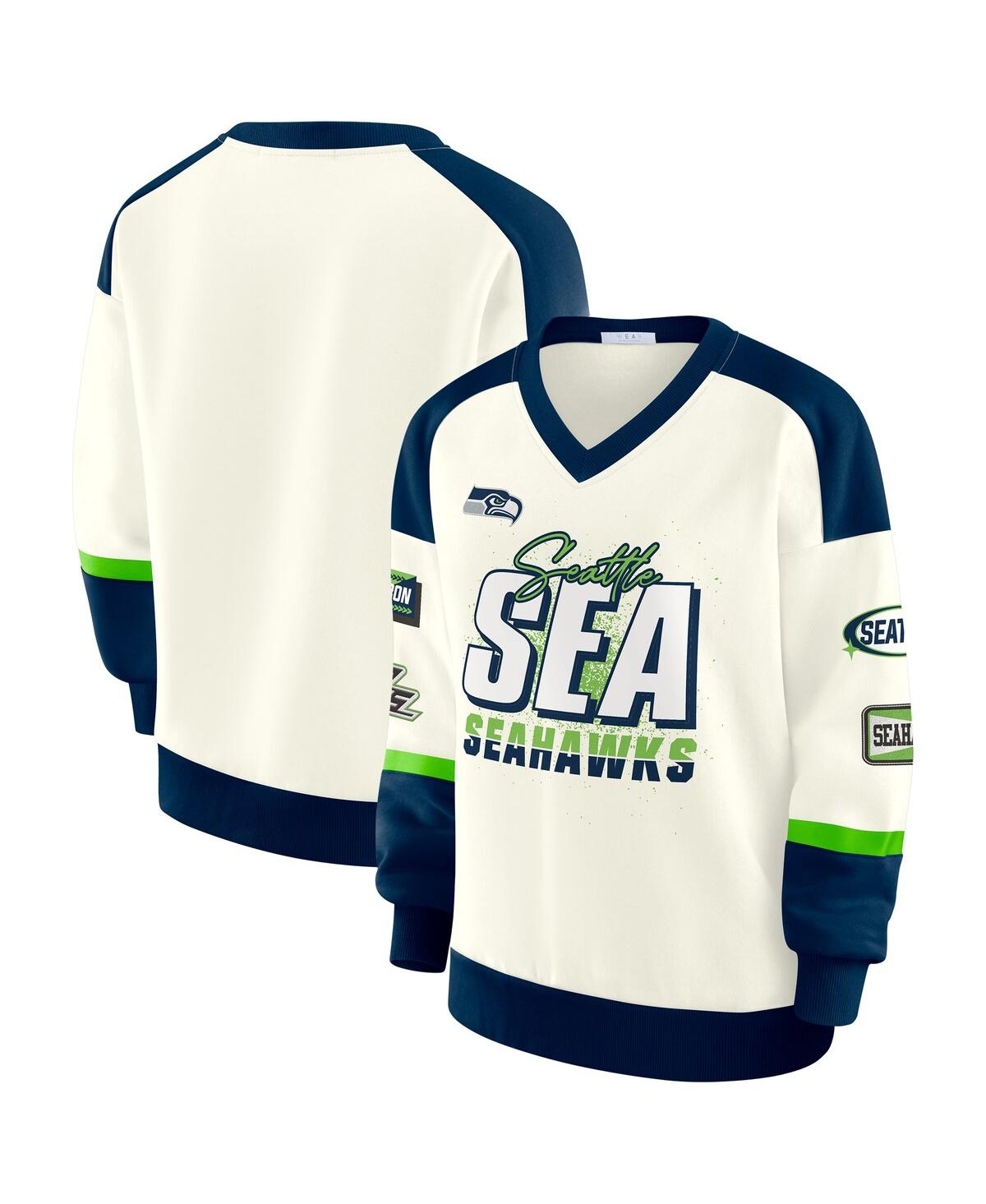 Wear by Erin Andrews Women's Cream Seattle Seahawks Racing Crew V-Neck Sweatshirt