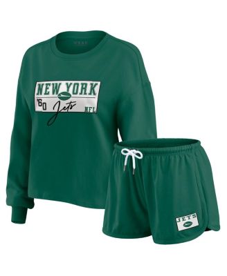 WEAR by Erin Andrews - Women's Green New York Jets Heavy Rugby Jersey Long Sleeve T-Shirt Shorts Lounge Set