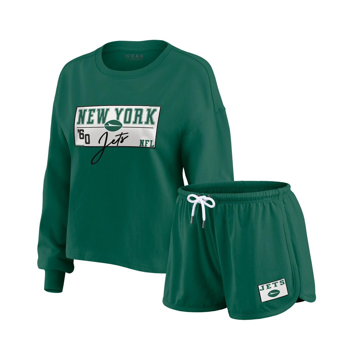 WEAR by Erin Andrews Women's 2-Piece Green New York Jets Heavy Rugby Jersey Long Sleeve T-Shirt and Shorts Lounge Set — фото 1
