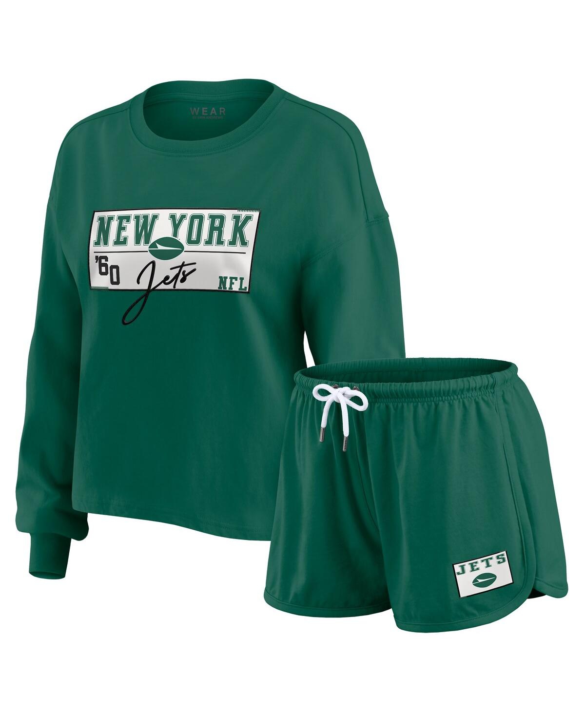 Wear by Erin Andrews Women's Green New York Jets Heavy Rugby Jersey Long Sleeve T-Shirt Shorts Lounge Set