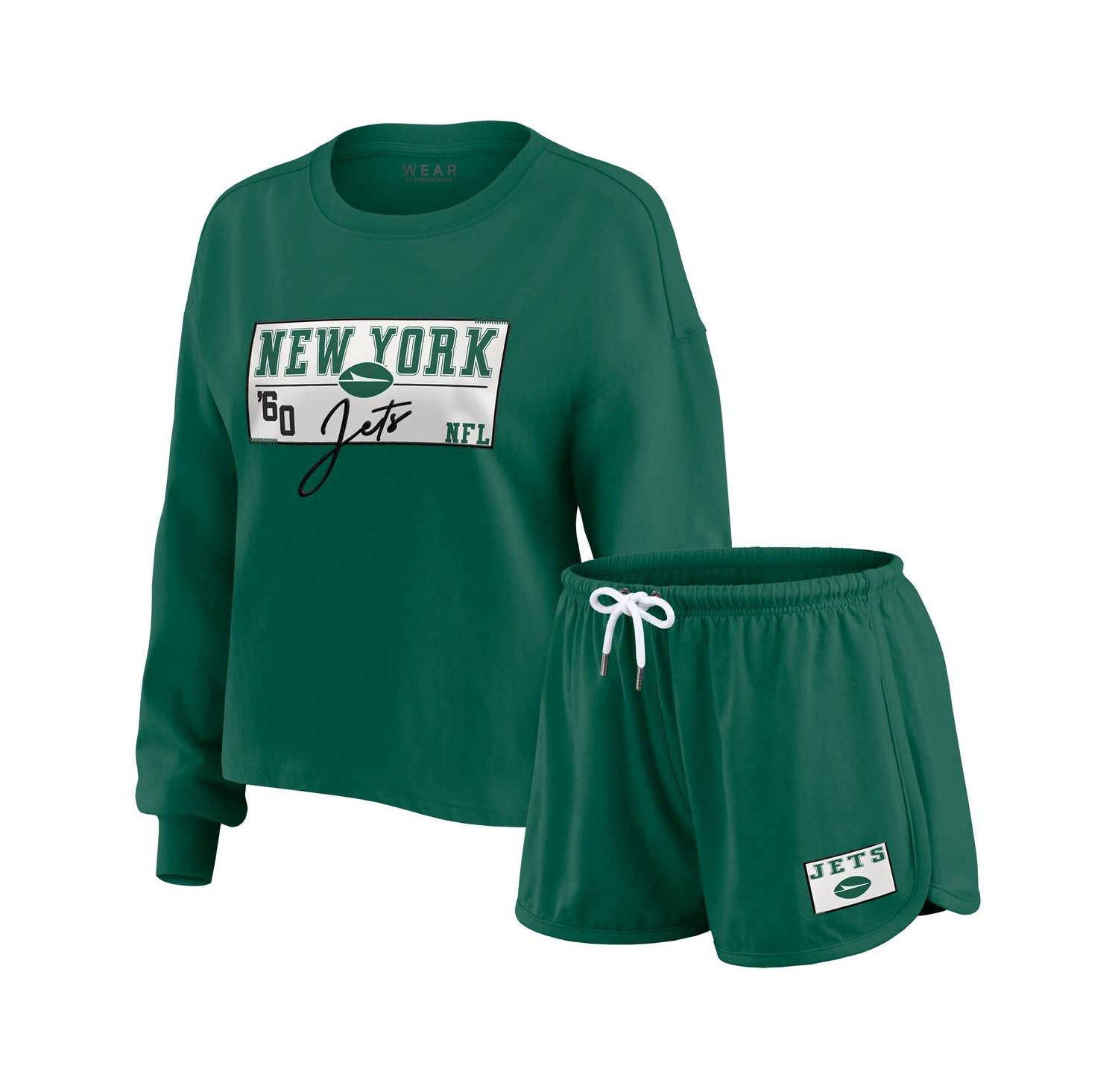 Women's 2-Piece Green New York Jets Heavy Rugby Jersey Long Sleeve T-Shirt and Shorts Lounge Set