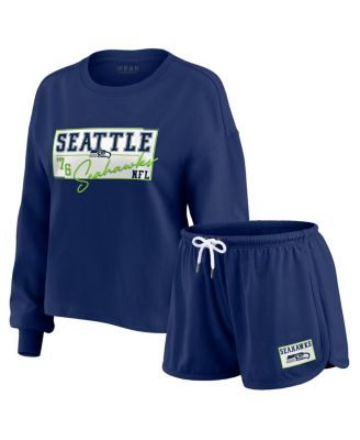 WEAR by Erin Andrews - Women's College Navy Seattle Seahawks Heavy Rugby Jersey Long Sleeve T-Shirt Shorts Lounge Set