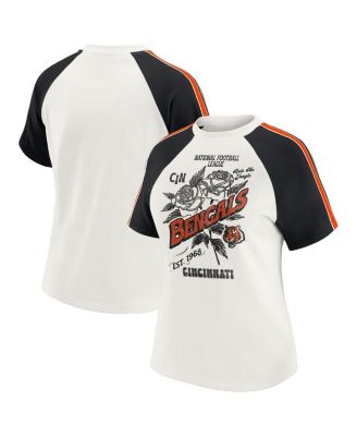 WEAR by Erin Andrews - Women's White Cincinnati Bengals Sleeve Stripe Distressed Raglan T-Shirt