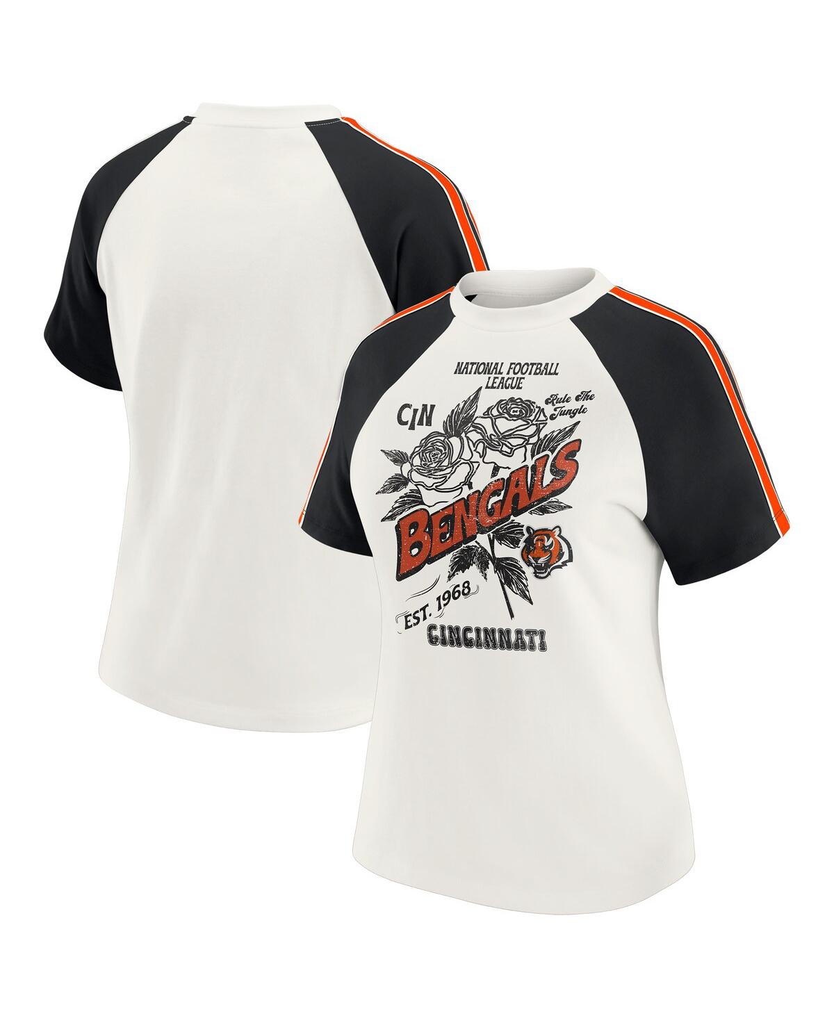Wear by Erin Andrews Women's White Cincinnati Bengals Sleeve Stripe Distressed Raglan T-Shirt