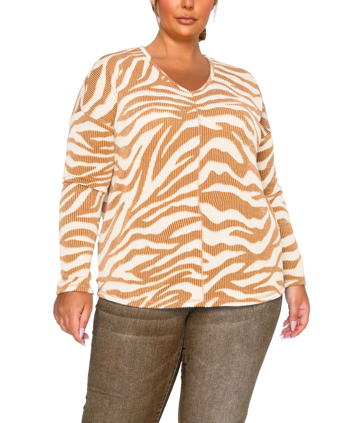 Coin 1804 Plus Textured Zebra V Neck Dolman Top