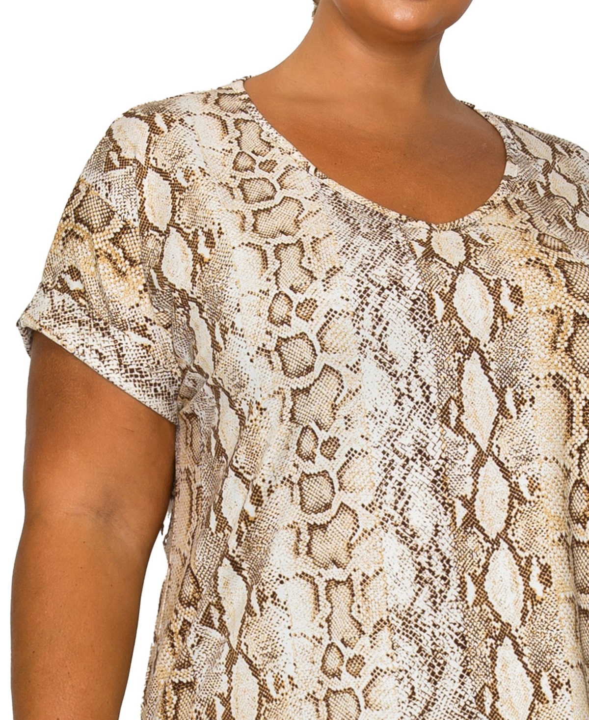 Coin 1804 Plus Size Python Rolled Short Sleeve Top In Brown