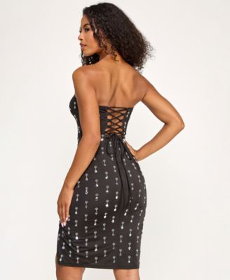 Juniors' Beaded Satin Strapless Back Midi Dress