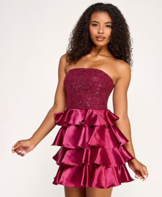 Juniors' Sequin Embellished Strapless Satin Tiered Dress