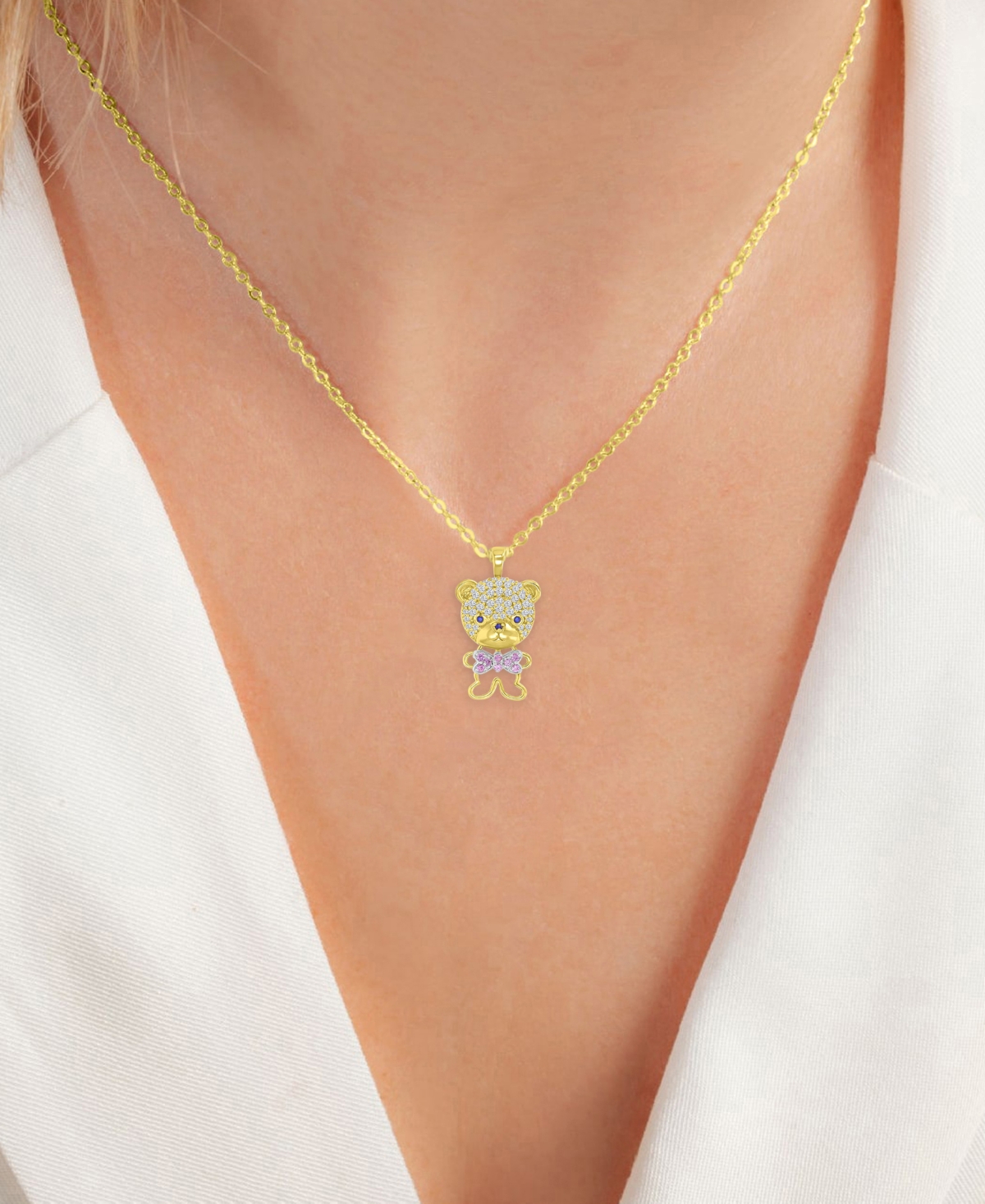 Macy's Diamond White Sapphire (0.38 ct. t.w.), Pink Sapphire (0.072 ct. t.w.), and Onyx (0.026 ct. t.w.) Necklace in 14k Yellow Gold Over Sterling Sil