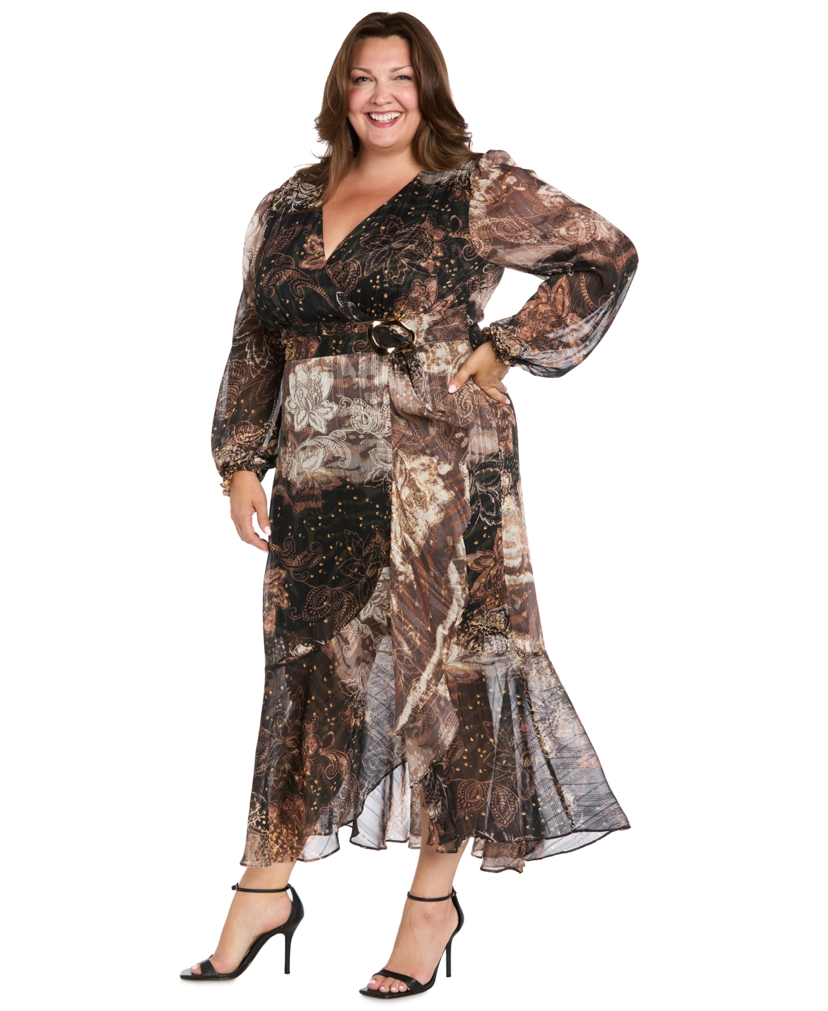 R & M Richards Plus Size Belted Maxi Dress In Brown