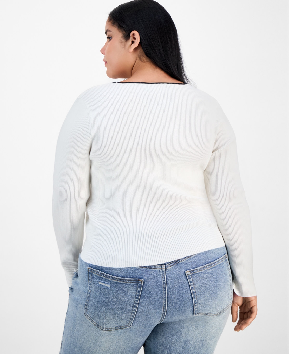 Madden Girl Trendy Plus Bow-Front Ribbed Crewneck Sweater