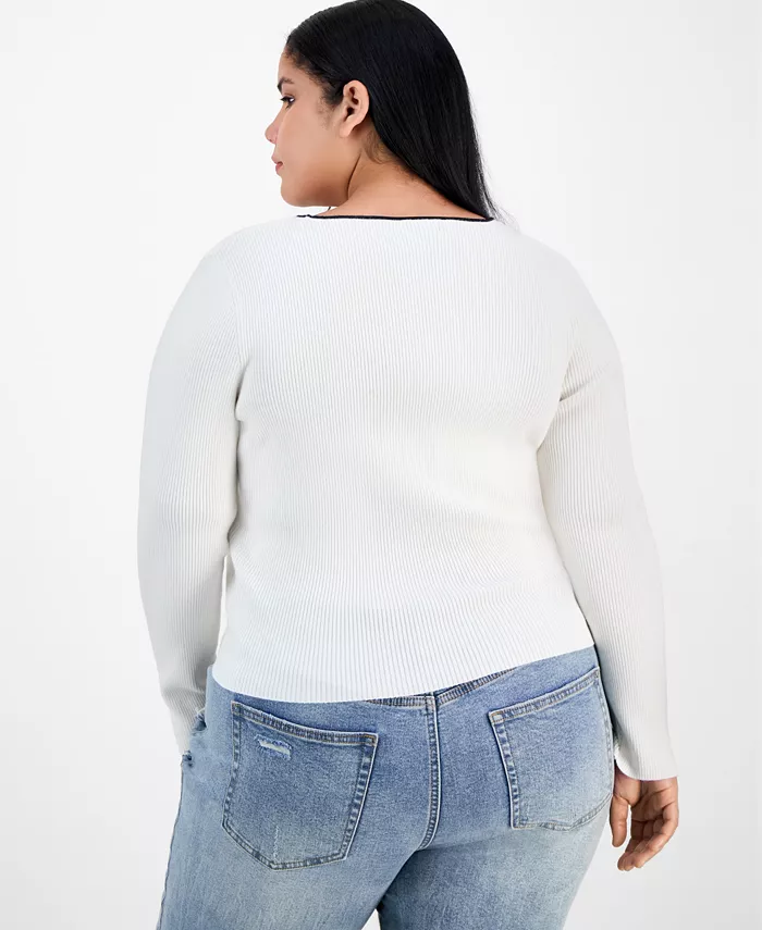 Trendy Plus Bow-Front Ribbed Crewneck Sweater - thumbnail 2