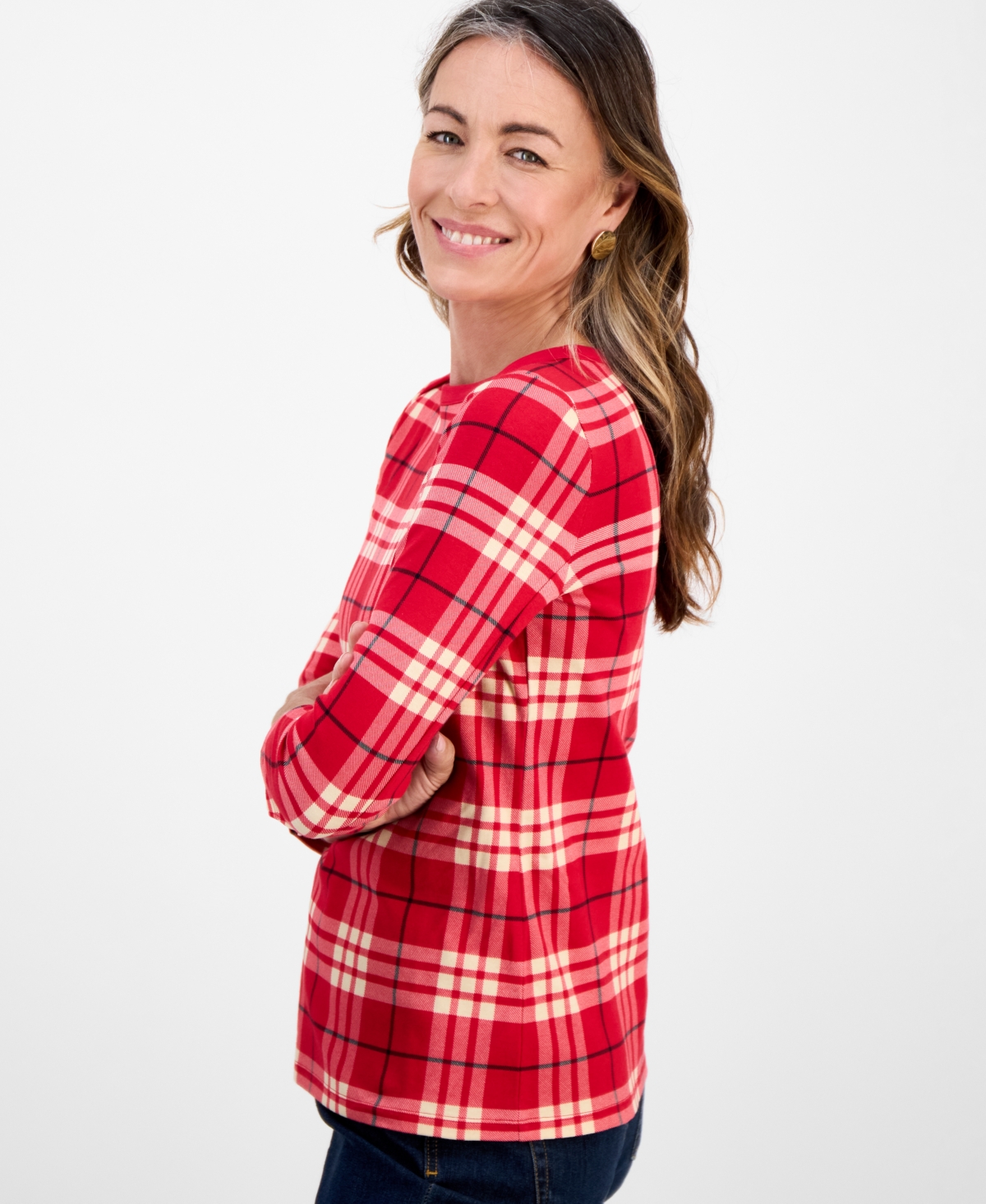 Style & Co Petite Cotton Sarah Plaid Top, Macy's Exclusive In Red