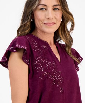 Petite Cotton Embroidered Flutter-Sleeve Knit Top, Macy's Exclusive 