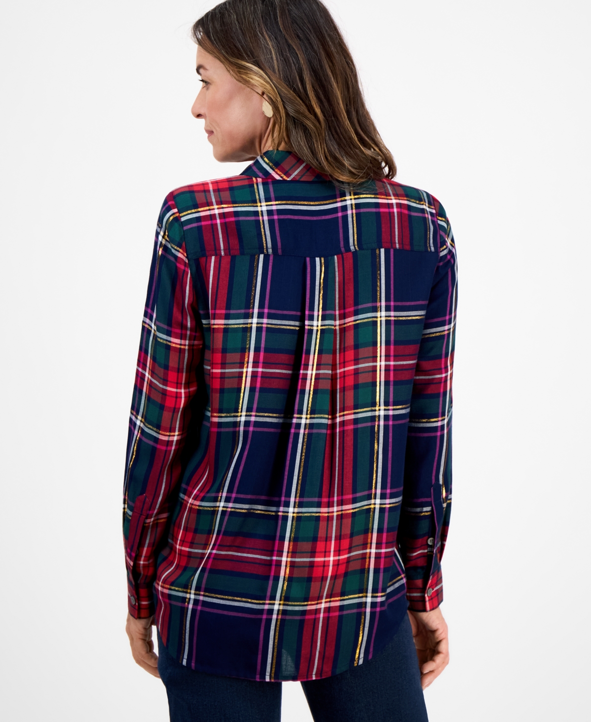 Style & Co Petite Festive Plaid Perfect Long-sleeve Shirt, Macy's Exclusive In White