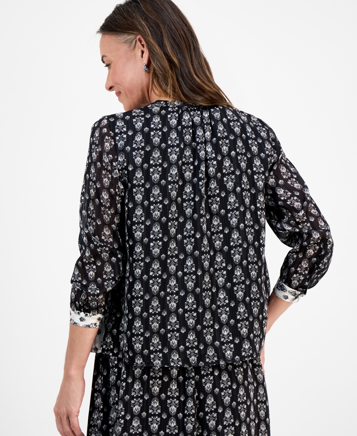Style & Co Petite Damask Shine Pintucked Top, Macy's Exclusive In Multi