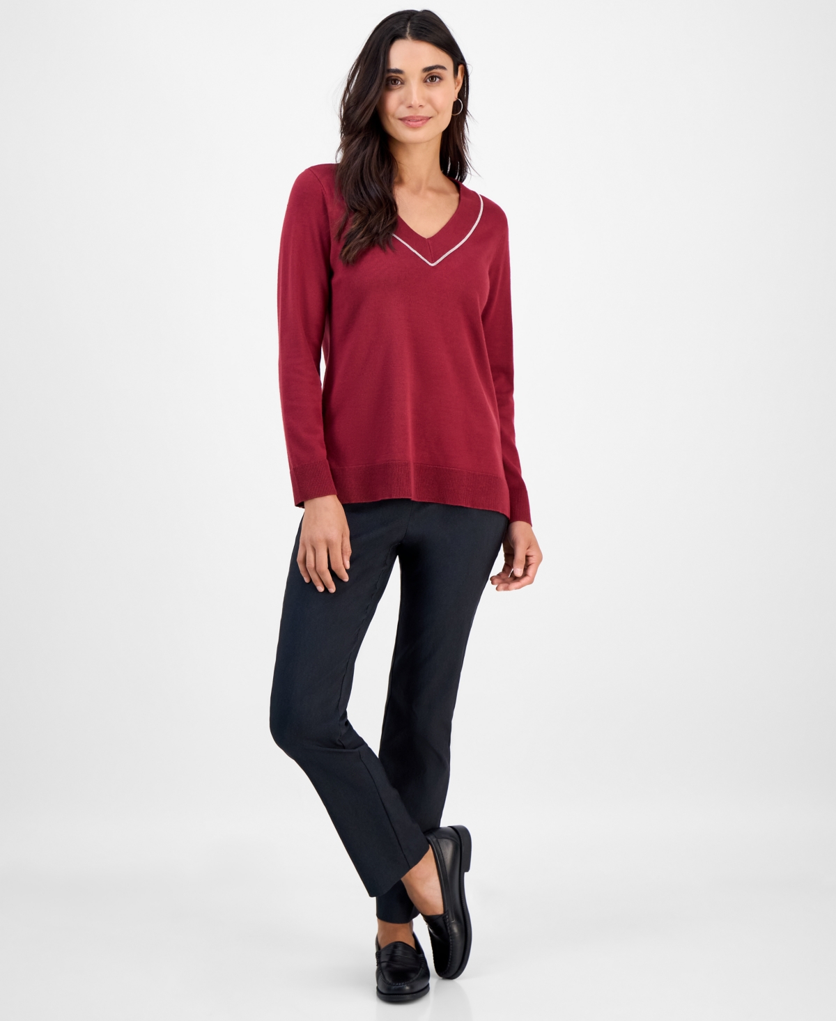 Jm Collection Petite Embellished Tunic Sweater, Macy's Exclusive In Burgundy