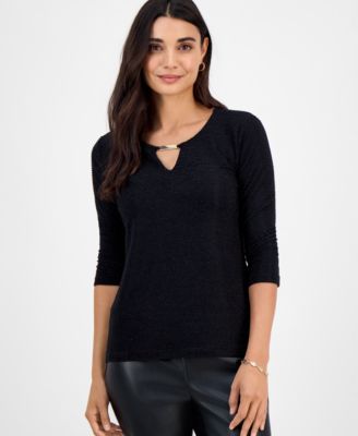 Petite Shine Stripe Jacquard Keyhole Top